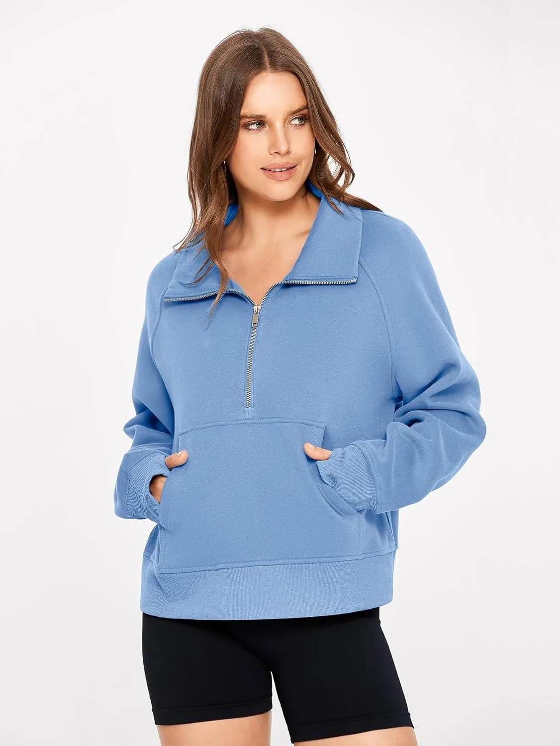 Glamaker Womens Sweatshirts Half Zip Pullover Fleece Cropped Comfort Fall Loose Outfits Fashion Long Sleeve Thumb Hole