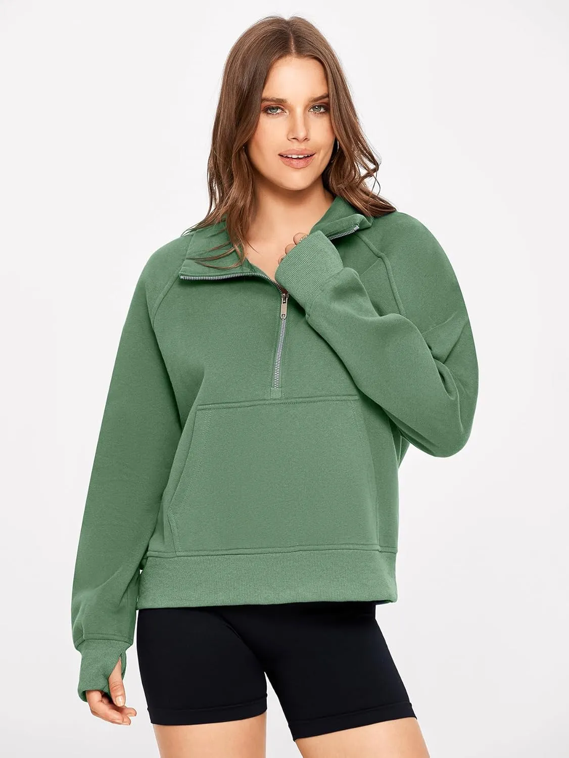 Glamaker Womens Sweatshirts Half Zip Pullover Fleece Cropped Comfort Fall Loose Outfits Fashion Long Sleeve Thumb Hole