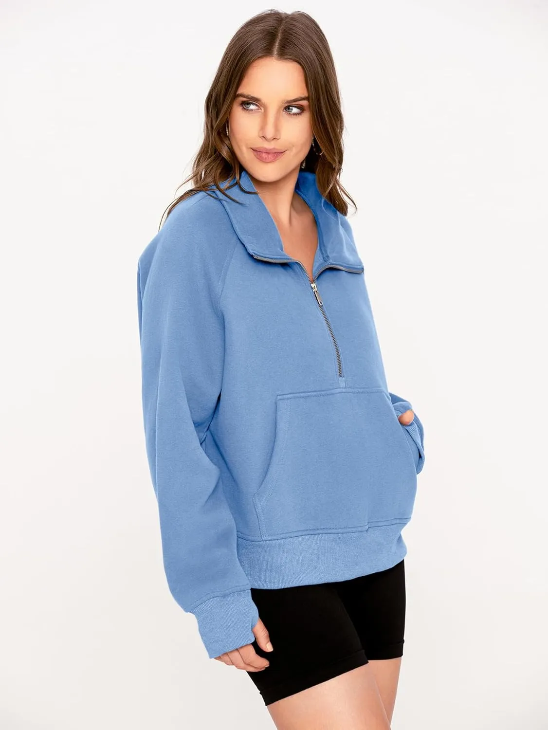 Glamaker Womens Sweatshirts Half Zip Pullover Fleece Cropped Comfort Fall Loose Outfits Fashion Long Sleeve Thumb Hole