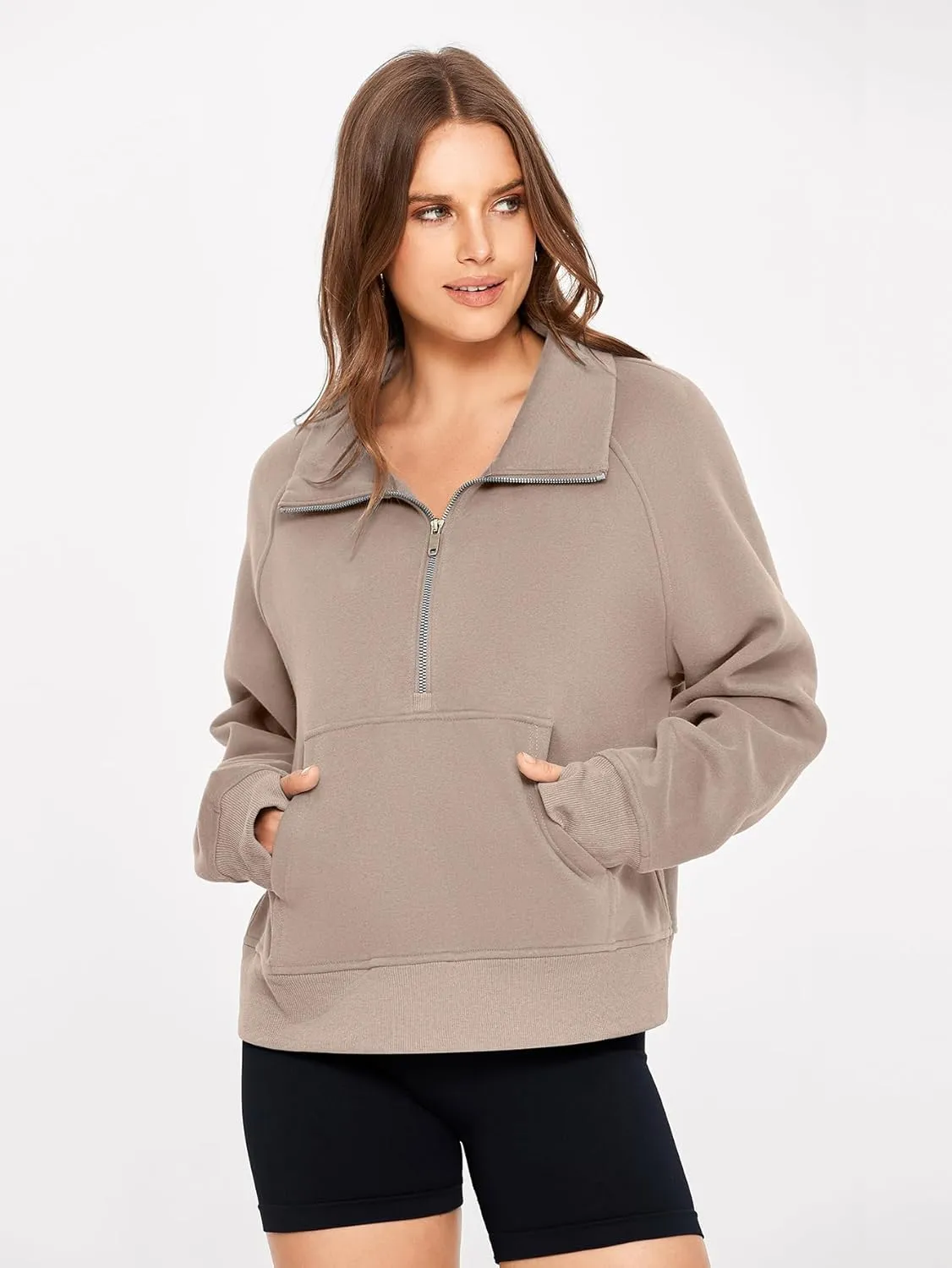 Glamaker Womens Sweatshirts Half Zip Pullover Fleece Cropped Comfort Fall Loose Outfits Fashion Long Sleeve Thumb Hole