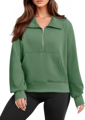 Glamaker Womens Sweatshirts Half Zip Pullover Fleece Cropped Comfort Fall Loose Outfits Fashion Long Sleeve Thumb Hole