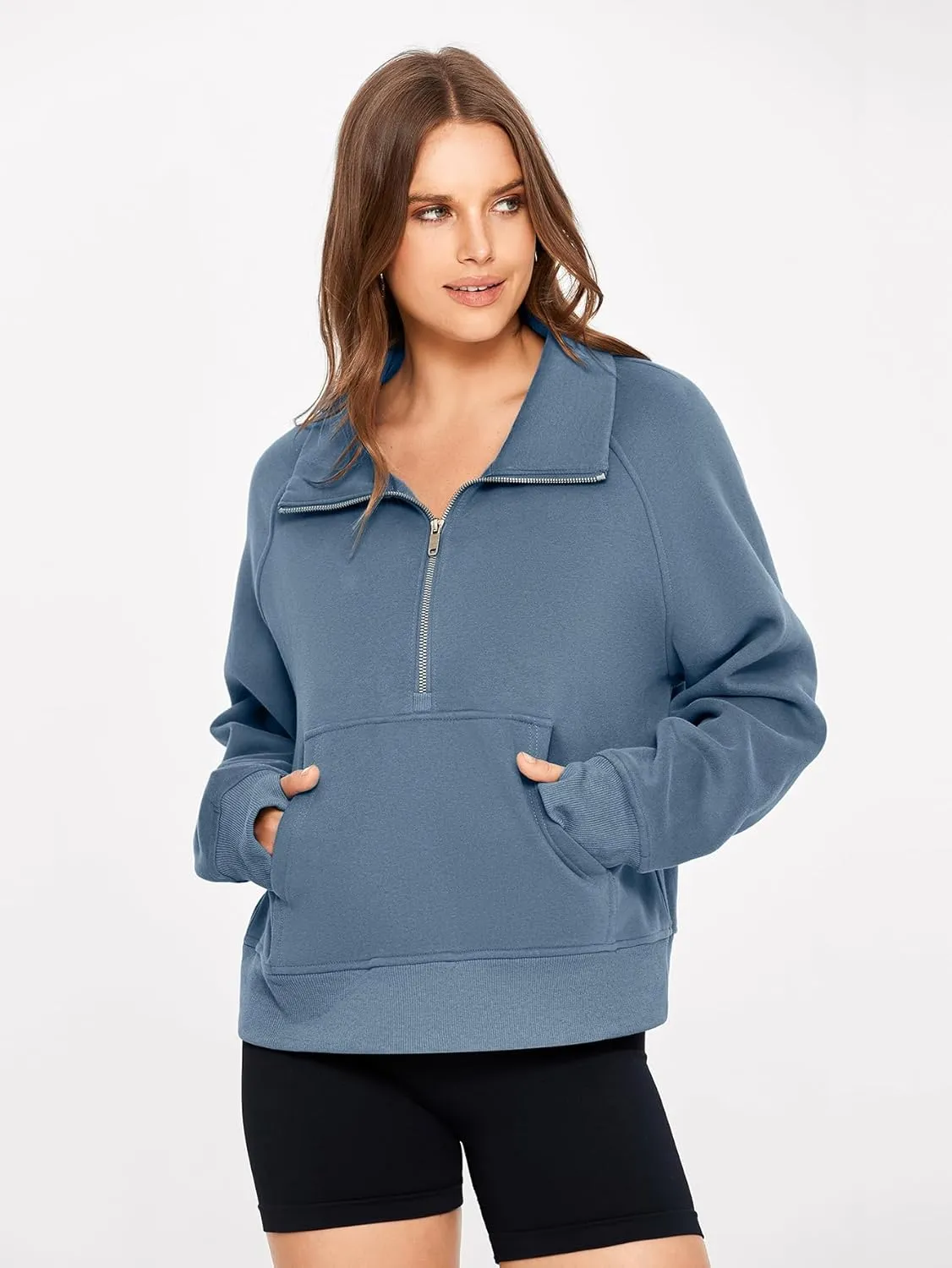 Glamaker Womens Sweatshirts Half Zip Pullover Fleece Cropped Comfort Fall Loose Outfits Fashion Long Sleeve Thumb Hole