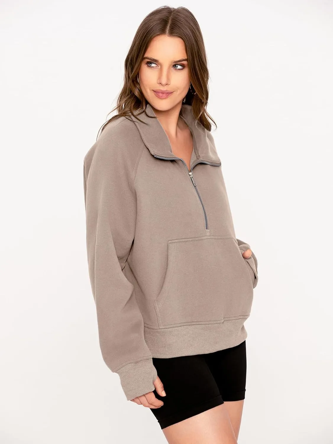 Glamaker Womens Sweatshirts Half Zip Pullover Fleece Cropped Comfort Fall Loose Outfits Fashion Long Sleeve Thumb Hole