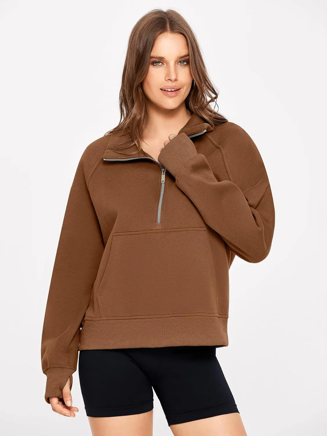 Glamaker Womens Sweatshirts Half Zip Pullover Fleece Cropped Comfort Fall Loose Outfits Fashion Long Sleeve Thumb Hole