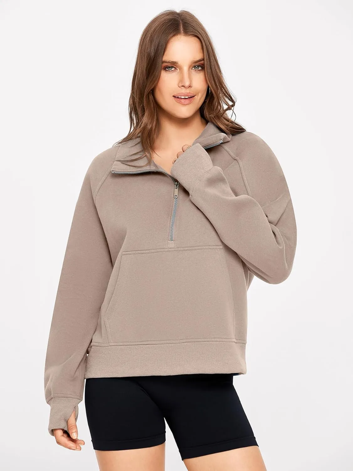 Glamaker Womens Sweatshirts Half Zip Pullover Fleece Cropped Comfort Fall Loose Outfits Fashion Long Sleeve Thumb Hole