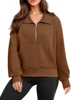 Glamaker Womens Sweatshirts Half Zip Pullover Fleece Cropped Comfort Fall Loose Outfits Fashion Long Sleeve Thumb Hole