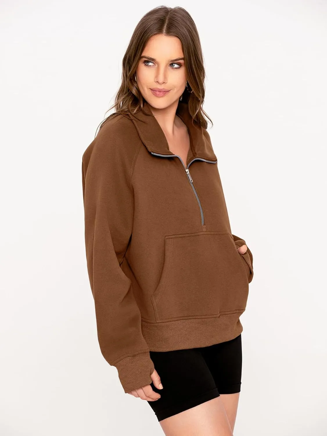 Glamaker Womens Sweatshirts Half Zip Pullover Fleece Cropped Comfort Fall Loose Outfits Fashion Long Sleeve Thumb Hole