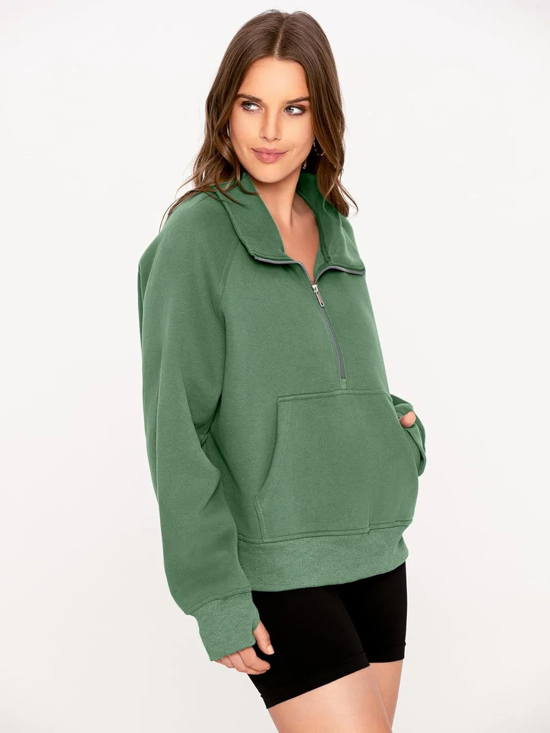 Glamaker Womens Sweatshirts Half Zip Pullover Fleece Cropped Comfort Fall Loose Outfits Fashion Long Sleeve Thumb Hole