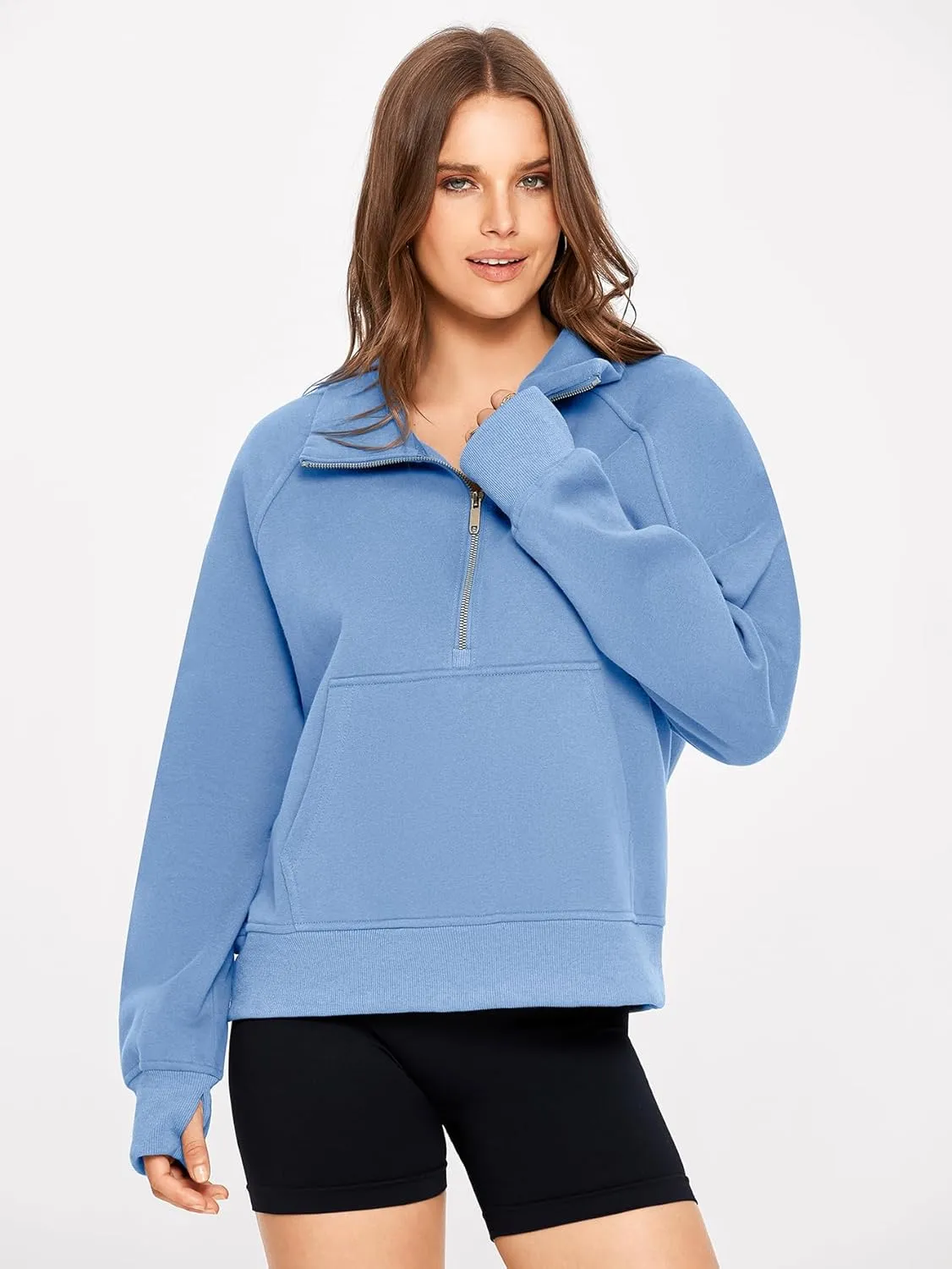 Glamaker Womens Sweatshirts Half Zip Pullover Fleece Cropped Comfort Fall Loose Outfits Fashion Long Sleeve Thumb Hole