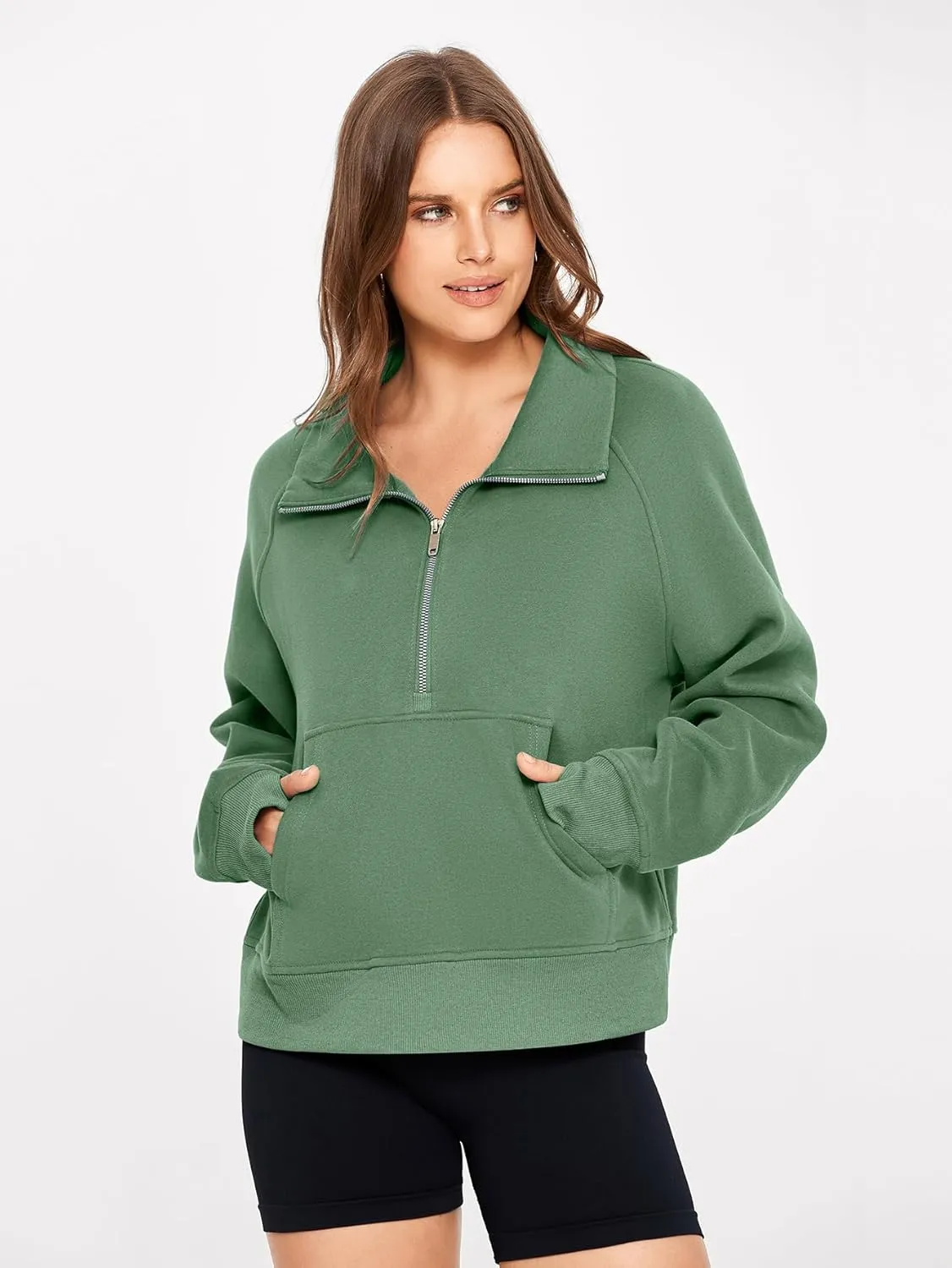 Glamaker Womens Sweatshirts Half Zip Pullover Fleece Cropped Comfort Fall Loose Outfits Fashion Long Sleeve Thumb Hole
