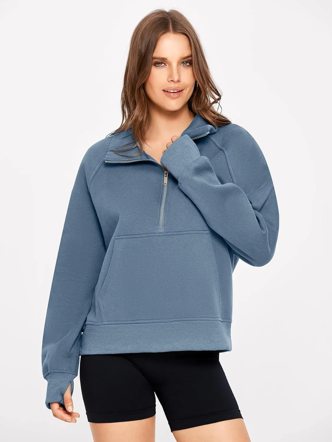 Glamaker Womens Sweatshirts Half Zip Pullover Fleece Cropped Comfort Fall Loose Outfits Fashion Long Sleeve Thumb Hole