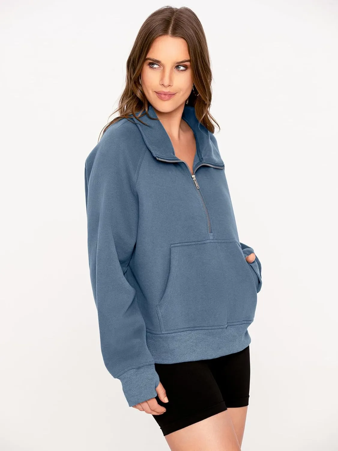 Glamaker Womens Sweatshirts Half Zip Pullover Fleece Cropped Comfort Fall Loose Outfits Fashion Long Sleeve Thumb Hole