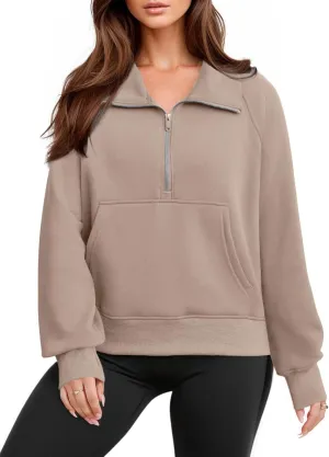Glamaker Womens Sweatshirts Half Zip Pullover Fleece Cropped Comfort Fall Loose Outfits Fashion Long Sleeve Thumb Hole