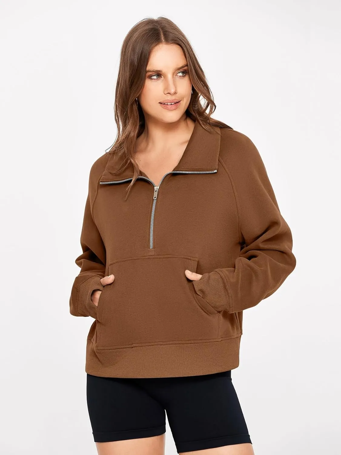 Glamaker Womens Sweatshirts Half Zip Pullover Fleece Cropped Comfort Fall Loose Outfits Fashion Long Sleeve Thumb Hole