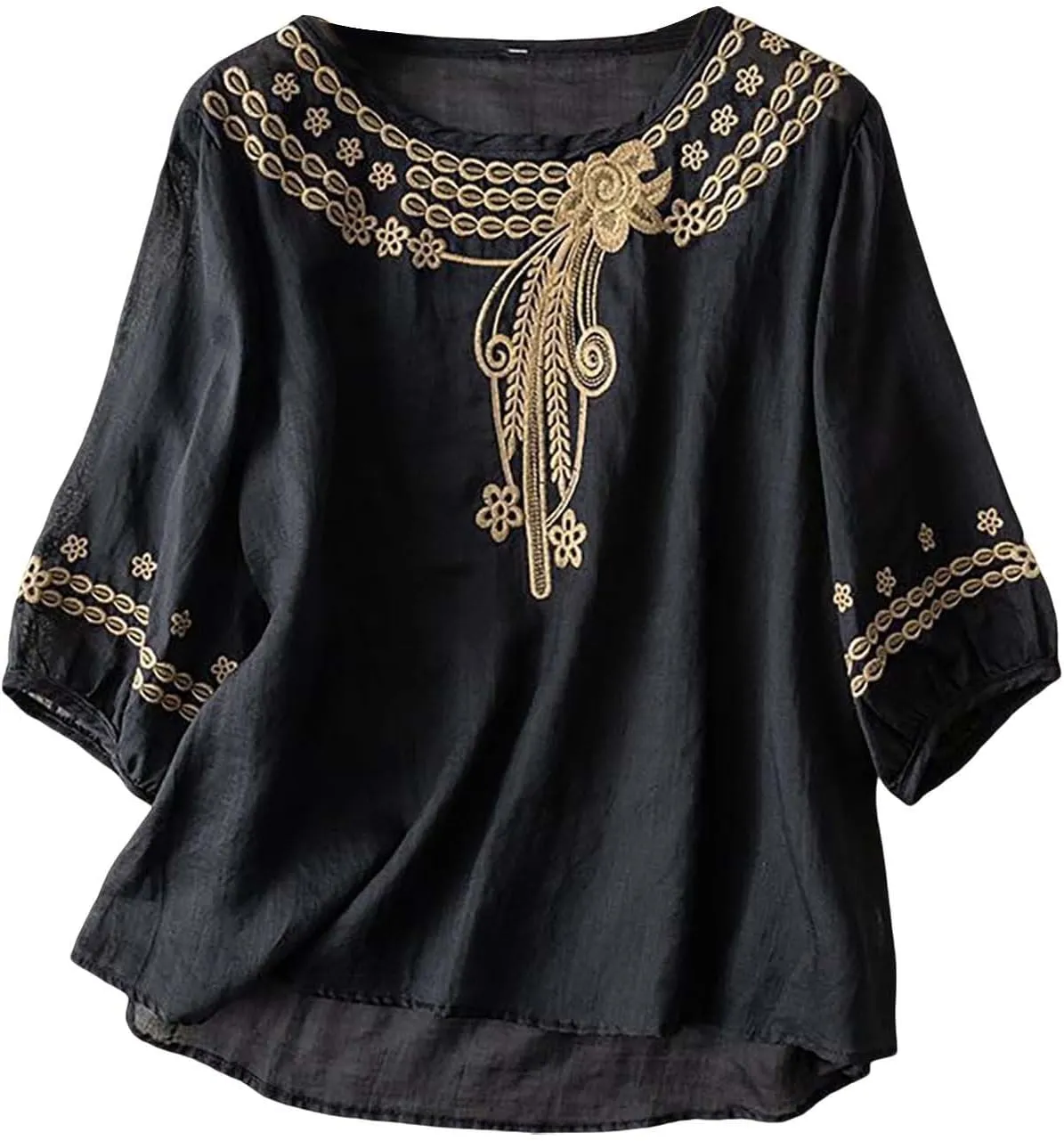 GOKKILRW Womens Floral Embroidered Tops Cotton Linen Shirts Boho Ethnic Style Peasant Blouses 3/4 Sleeve V Neck Gauze Tshirts