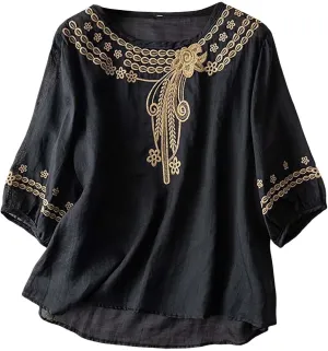 GOKKILRW Womens Floral Embroidered Tops Cotton Linen Shirts Boho Ethnic Style Peasant Blouses 3/4 Sleeve V Neck Gauze Tshirts