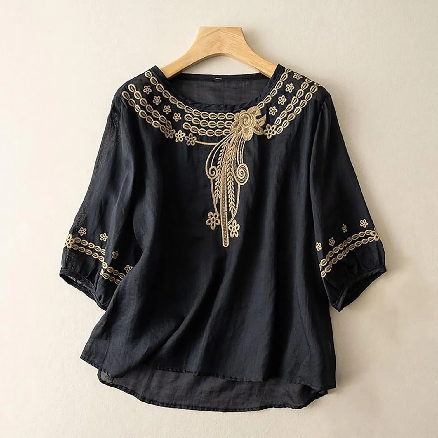 GOKKILRW Womens Floral Embroidered Tops Cotton Linen Shirts Boho Ethnic Style Peasant Blouses 3/4 Sleeve V Neck Gauze Tshirts