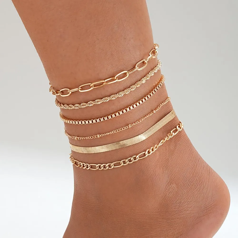 Gold Ankle Bracelets for Women 14k Plated Gold Stackable Anklet Set Layered Paperclip Beaded Cuban Link Chain Beach Waterproof Beach Anklet Bracelet Jewelry Gift