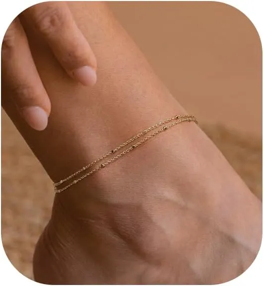 Gold Ankle Bracelets for Women,Dainty 14K Gold Plated Anklets for Women Waterproof Herringbone Beaded Satellite Anklets Set Layered Anklet Bracelets for Women Gold Jewelry Gift