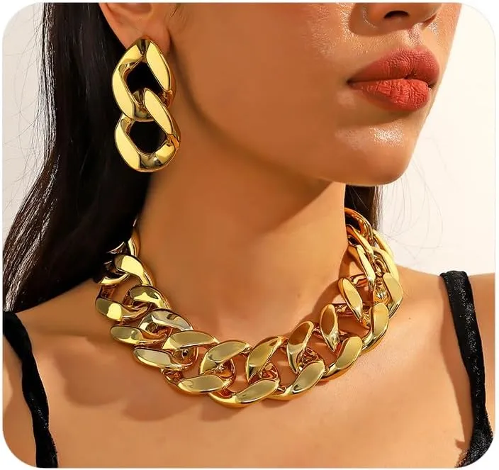 Gold Chunky Jewelry Set for Women Punk Gold Plated Cuban Link Chain Necklace Earrings Set Thick Wide Acrylic Chain Choker Drop Dangle Earrings Gifts