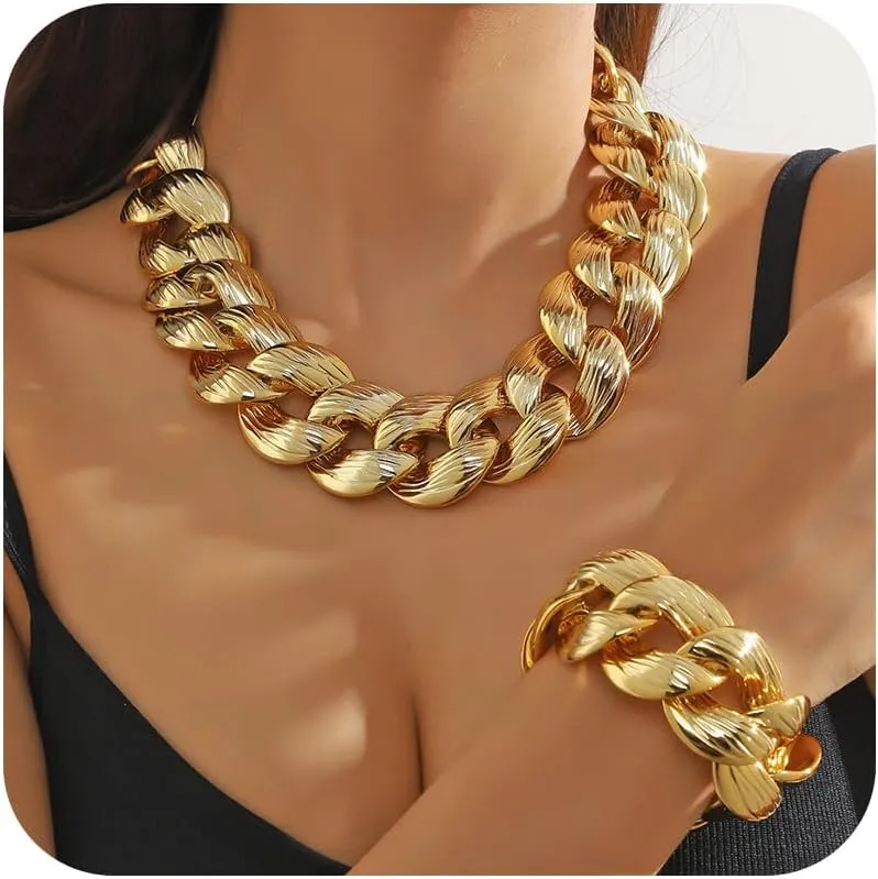 Gold Chunky Necklace Bracelet Set for Women Trendy Thick Cuban Link Chain Choker Statement Punk Twisted Bracelet Hip Hop Style Jewelry Accessories for Her