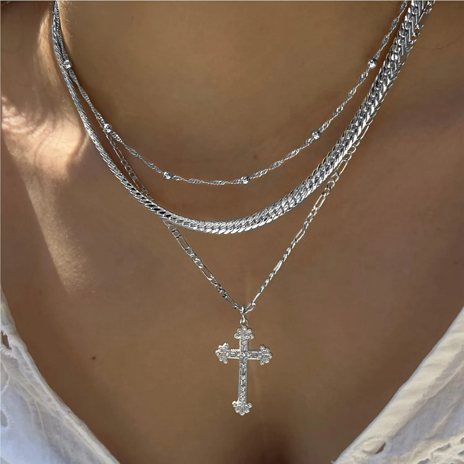Gold Cross Necklace for Women 14K Gold Plated Dainty Layered Pendant Choker Simple Trendy Cute Cross Charm Diamond Necklace Faith Jewelry Religious Gift