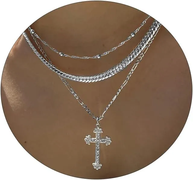 Gold Cross Necklace for Women 14K Gold Plated Dainty Layered Pendant Choker Simple Trendy Cute Cross Charm Diamond Necklace Faith Jewelry Religious Gift