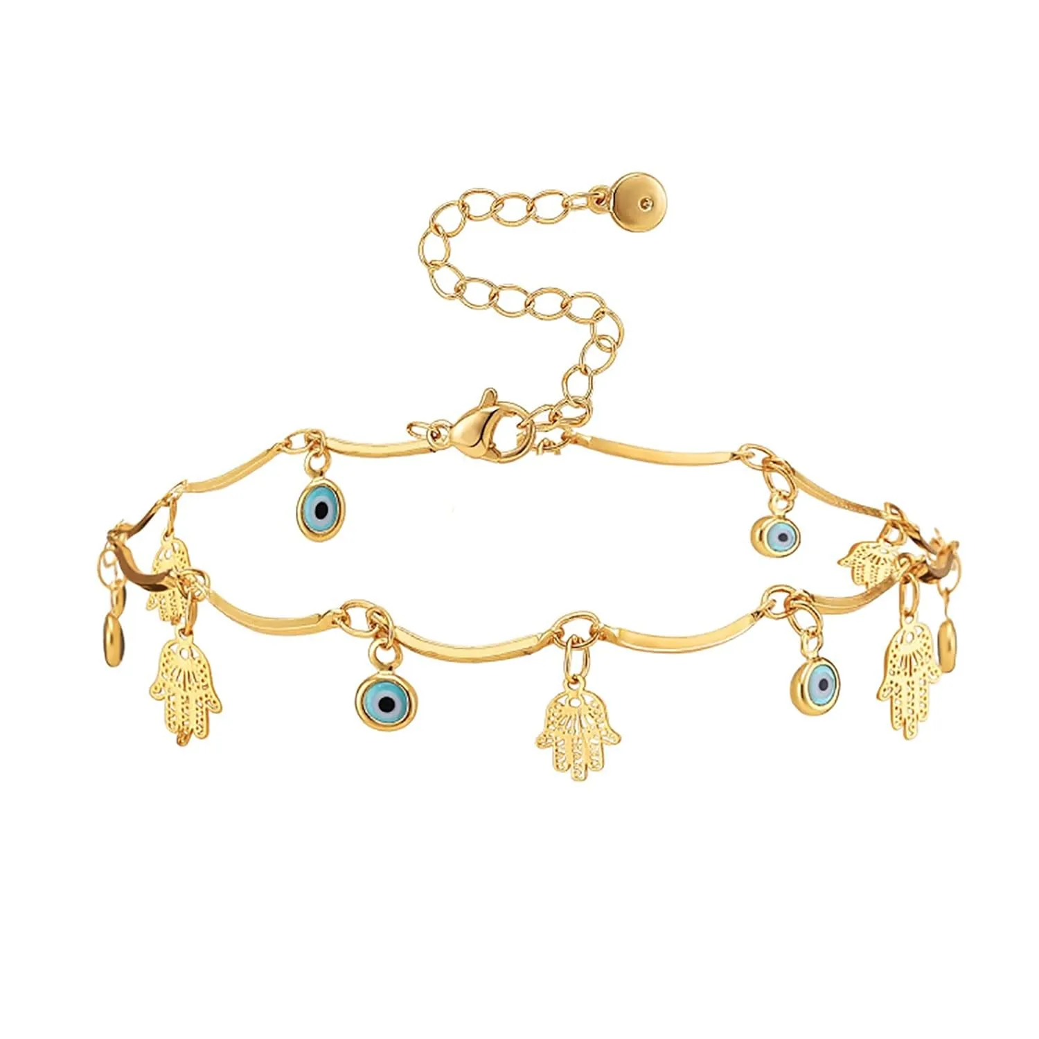 Gold Evil Eye Hamsa Anklets 18 Gold Plated Dainty Evil Eye Anklet Bracelets for Women Teen Girls, Adjustable, Handmade Anklets