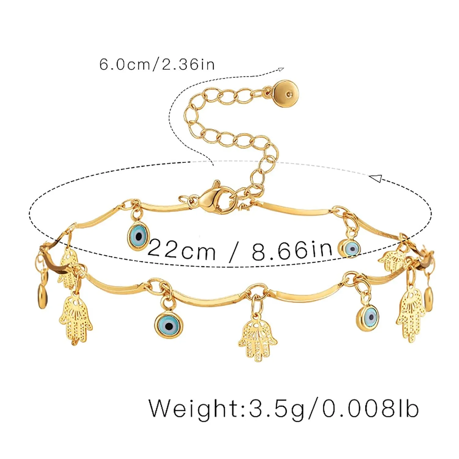 Gold Evil Eye Hamsa Anklets 18 Gold Plated Dainty Evil Eye Anklet Bracelets for Women Teen Girls, Adjustable, Handmade Anklets