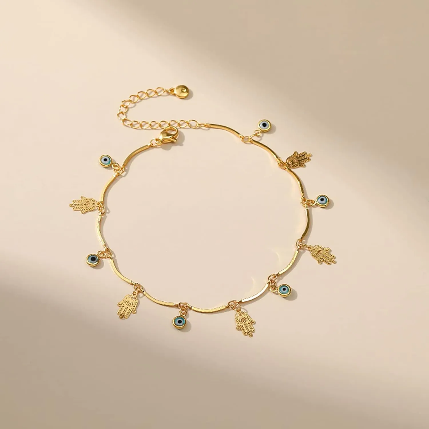 Gold Evil Eye Hamsa Anklets 18 Gold Plated Dainty Evil Eye Anklet Bracelets for Women Teen Girls, Adjustable, Handmade Anklets