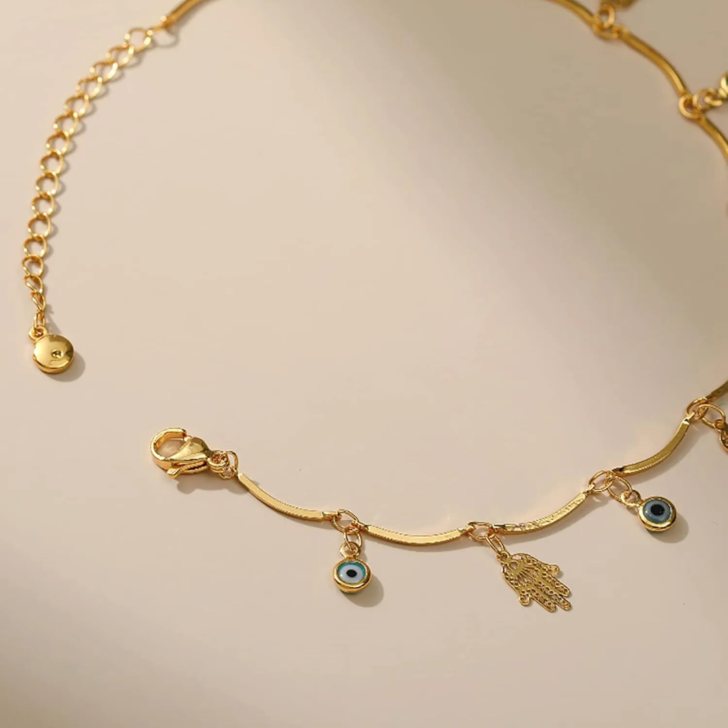Gold Evil Eye Hamsa Anklets 18 Gold Plated Dainty Evil Eye Anklet Bracelets for Women Teen Girls, Adjustable, Handmade Anklets