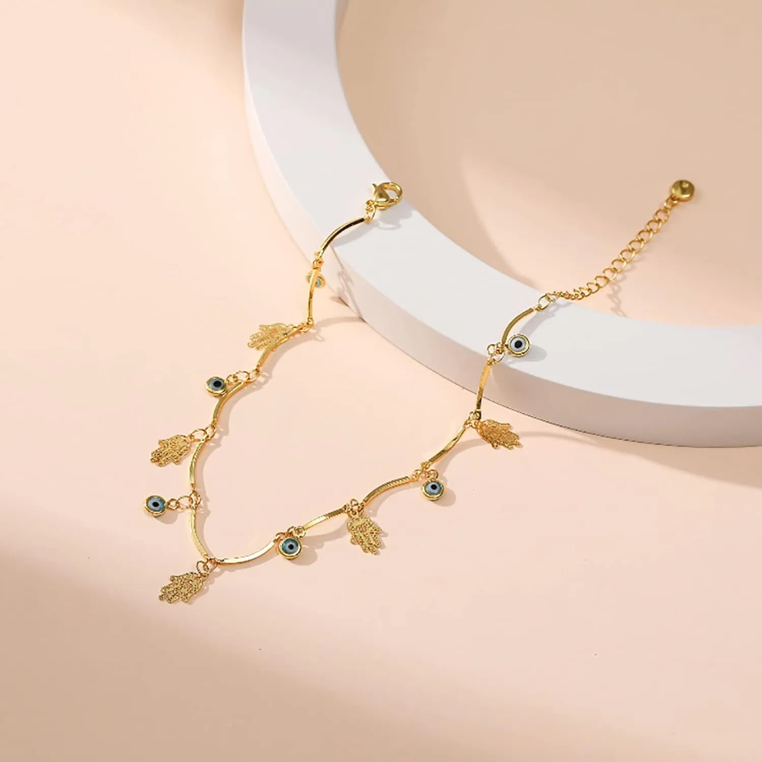 Gold Evil Eye Hamsa Anklets 18 Gold Plated Dainty Evil Eye Anklet Bracelets for Women Teen Girls, Adjustable, Handmade Anklets
