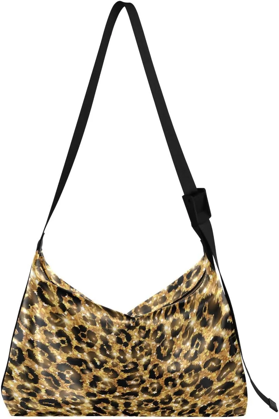 Gold Leopard Pattern Hobo Crossbody Bags for Women Leather Large Shoulder Bag Cross Body Seamless Printed Trendy Womens Tote Bags Handbag for Travel Shopping
