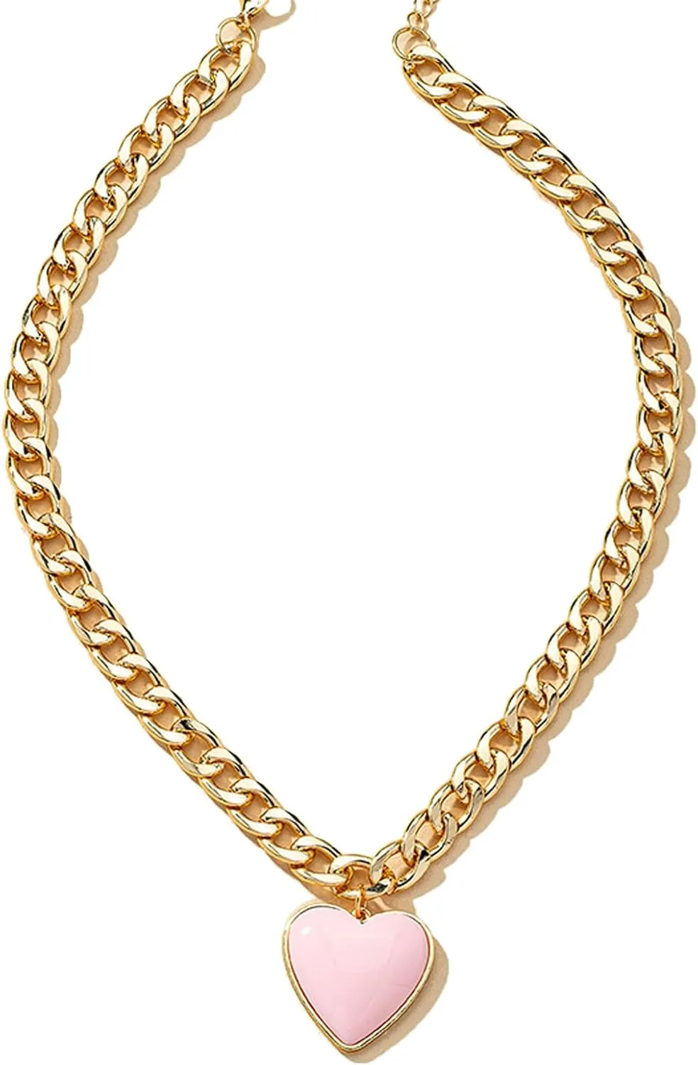 Gold Plated Heart Necklace for Women, Chunky Link Chain, Puffy Heart Pendant, Valentines Day Jewelry, Birthday, Mothers Day Gift, Minimalist Heart Choker for Lovers