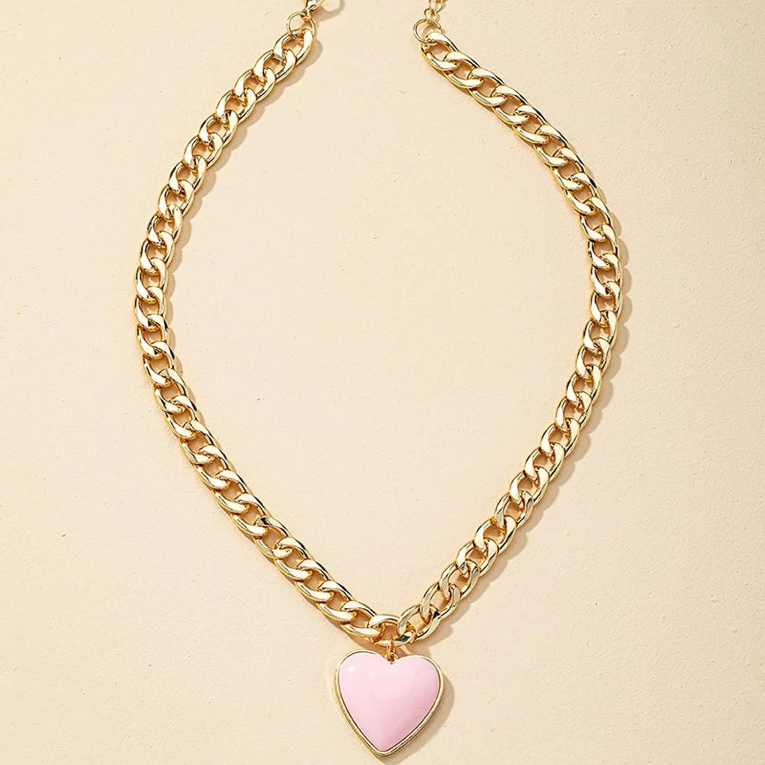 Gold Plated Heart Necklace for Women, Chunky Link Chain, Puffy Heart Pendant, Valentines Day Jewelry, Birthday, Mothers Day Gift, Minimalist Heart Choker for Lovers