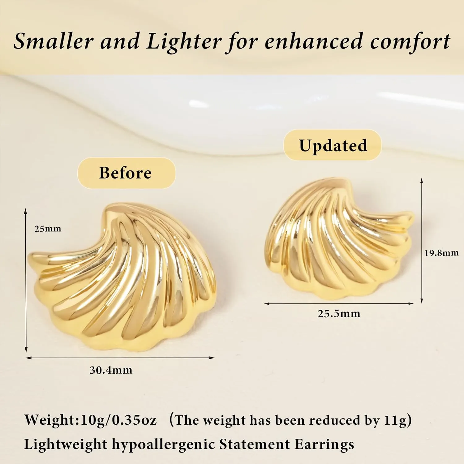 Gold Statement Earrings for Women Trendy, Chunky Gold Earrings Big Shell Wings Textured Dome Earrings Drop Earrings Hypoallergenic Earrings Lightweight Dainty Vintage Jewelry Gift