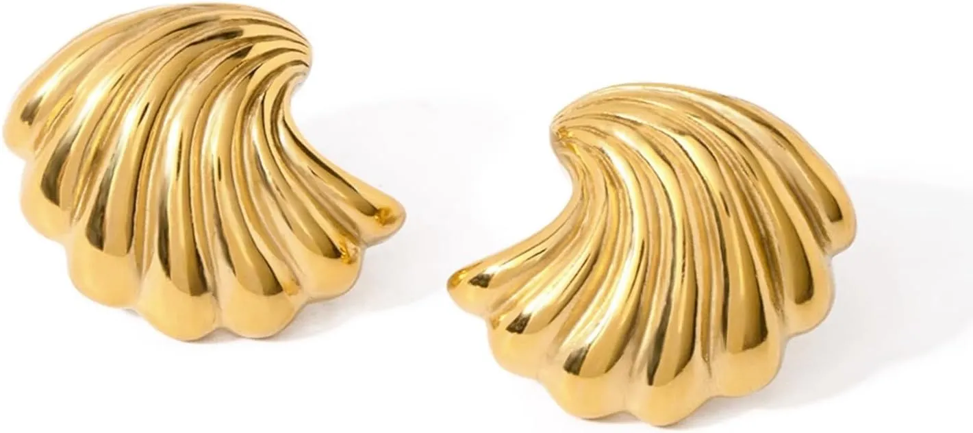 Gold Statement Earrings for Women Trendy, Chunky Gold Earrings Big Shell Wings Textured Dome Earrings Drop Earrings Hypoallergenic Earrings Lightweight Dainty Vintage Jewelry Gift