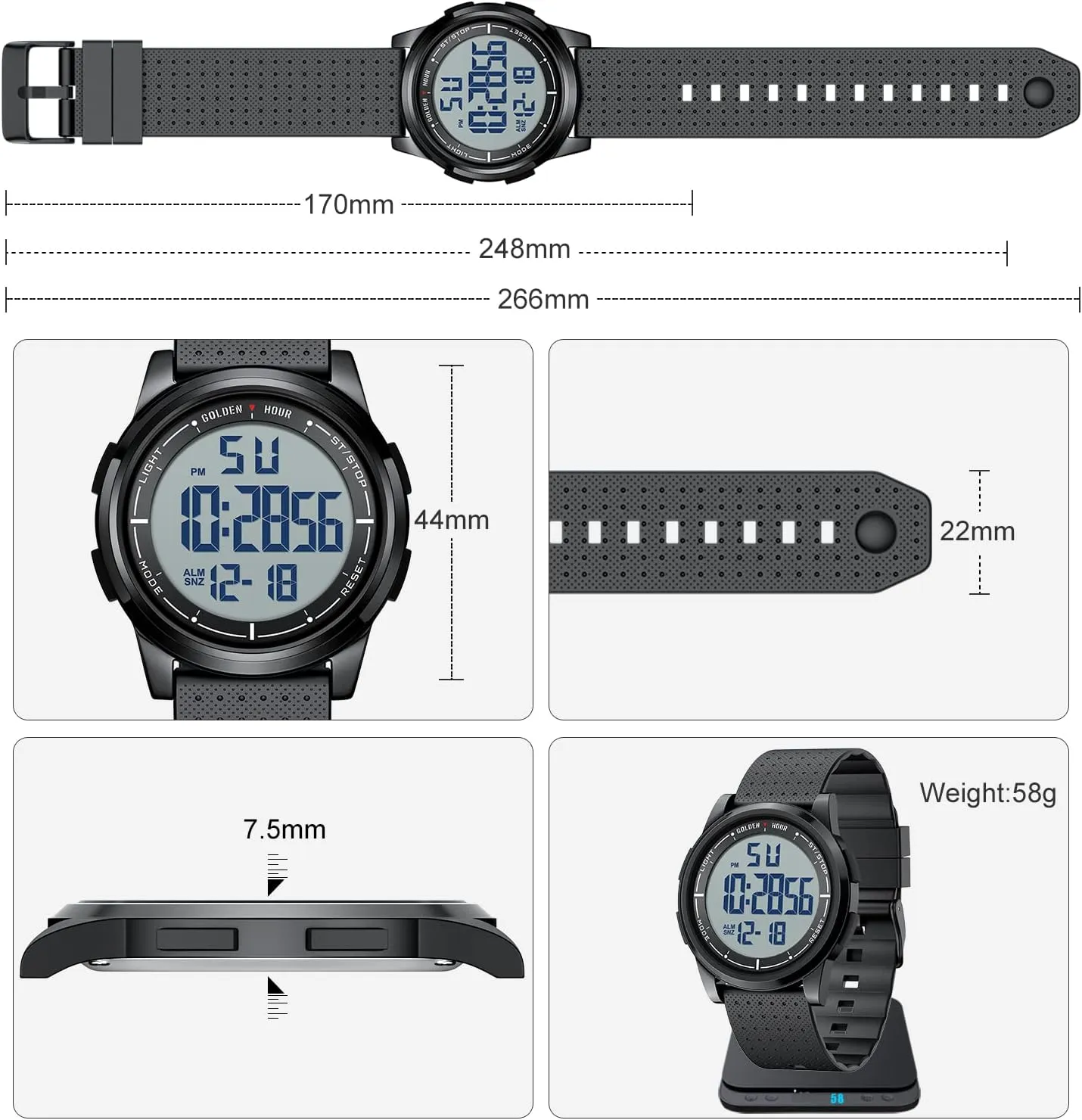 GOLDEN HOUR Ultra-Thin Minimalist Sports Waterproof Digital Watches Men with Wide-Angle Display Rubber Strap Wrist Watch for Men Women