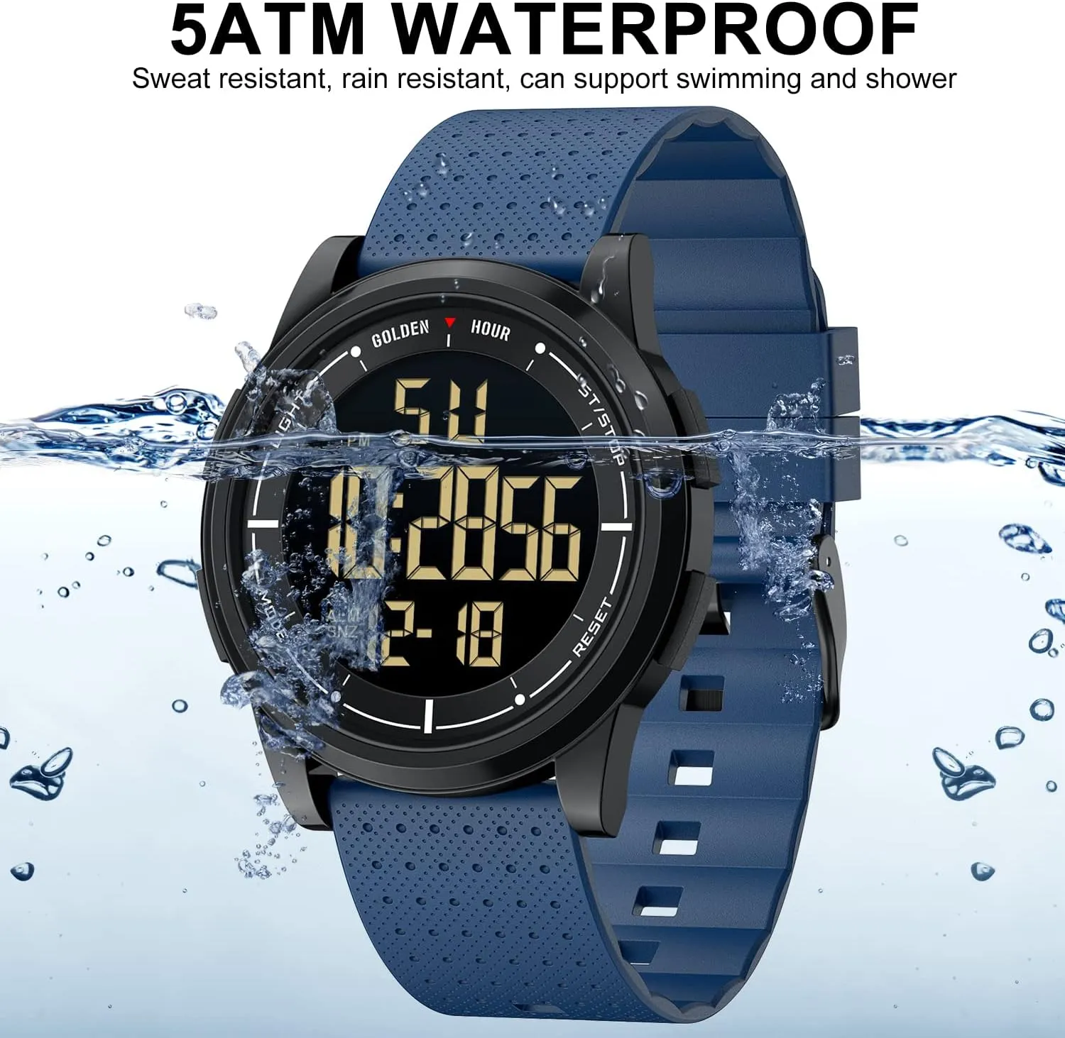 GOLDEN HOUR Ultra-Thin Minimalist Sports Waterproof Digital Watches Men with Wide-Angle Display Rubber Strap Wrist Watch for Men Women