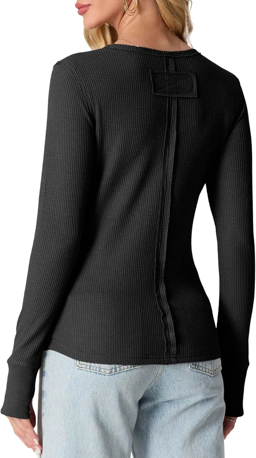 GRECERELLE Waffle Knit Long Sleeve Shirts for Women Crew Neck Slim Fitted Going Out Tops Y2k Outfits