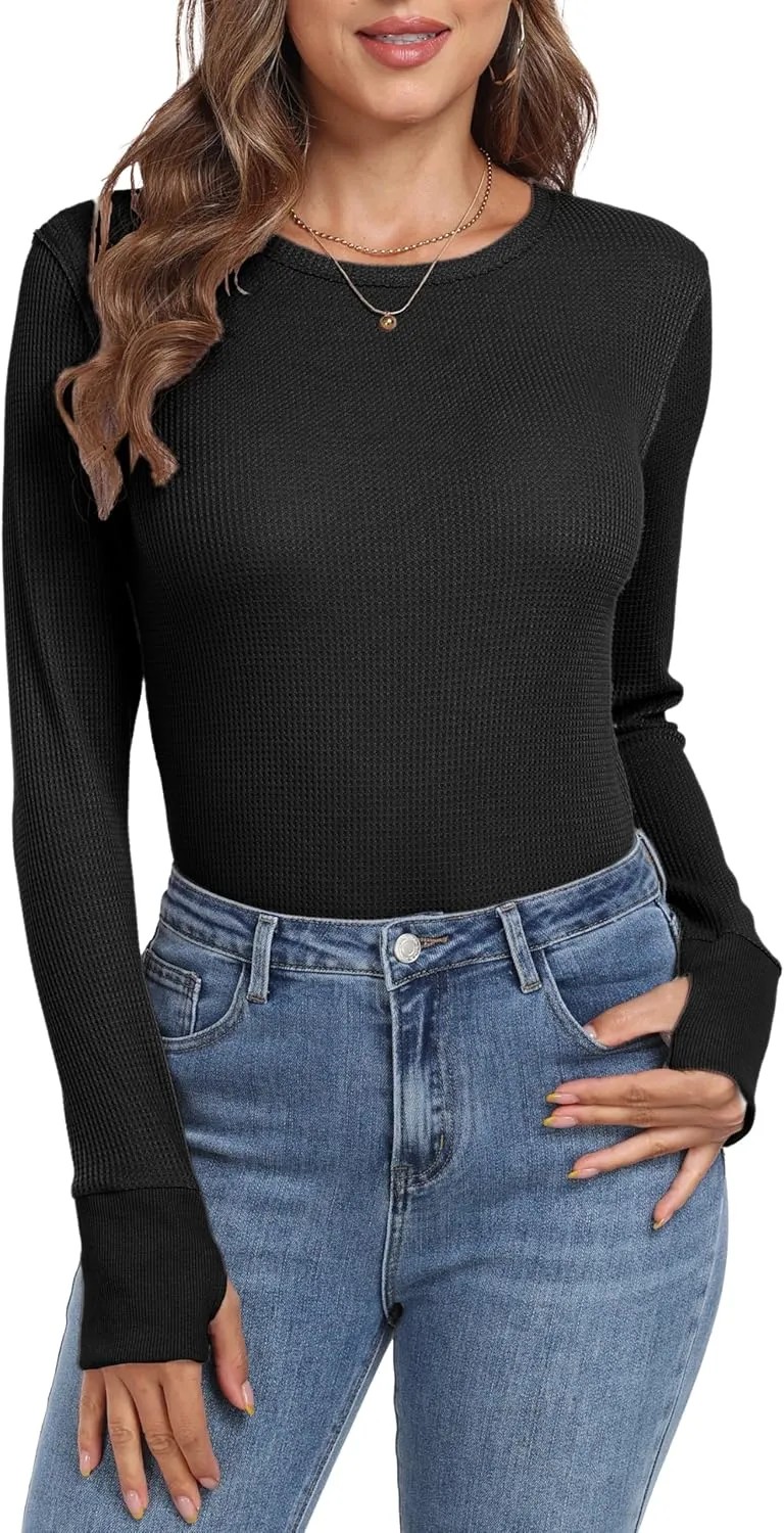 GRECERELLE Waffle Knit Long Sleeve Shirts for Women Crew Neck Slim Fitted Going Out Tops Y2k Outfits