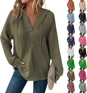 Gumipy Long Sleeve Shirts for Women Waffle V Neck Button Up Shirts Trendy Oversized Hoodies Tshirts Spring Casual Tunic Tops
