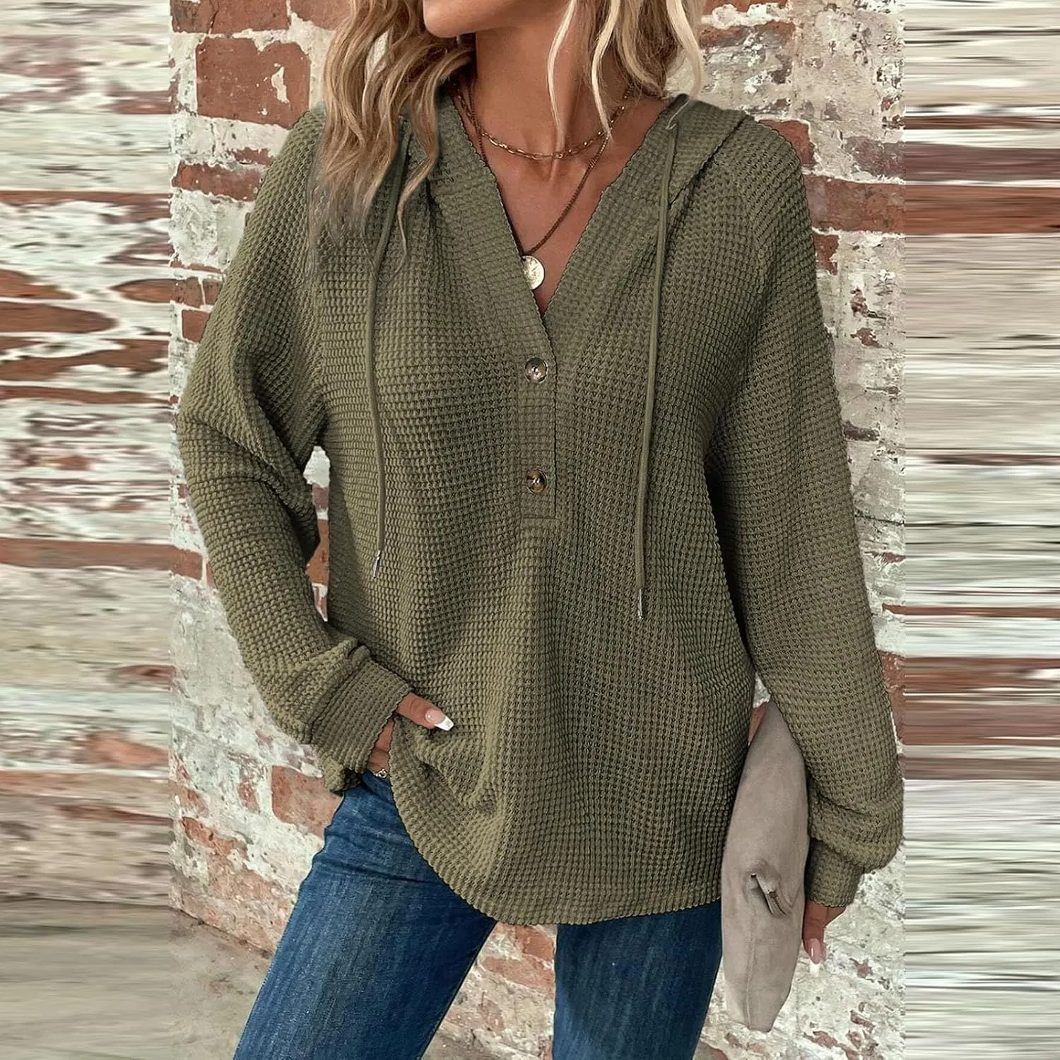 Gumipy Long Sleeve Shirts for Women Waffle V Neck Button Up Shirts Trendy Oversized Hoodies Tshirts Spring Casual Tunic Tops