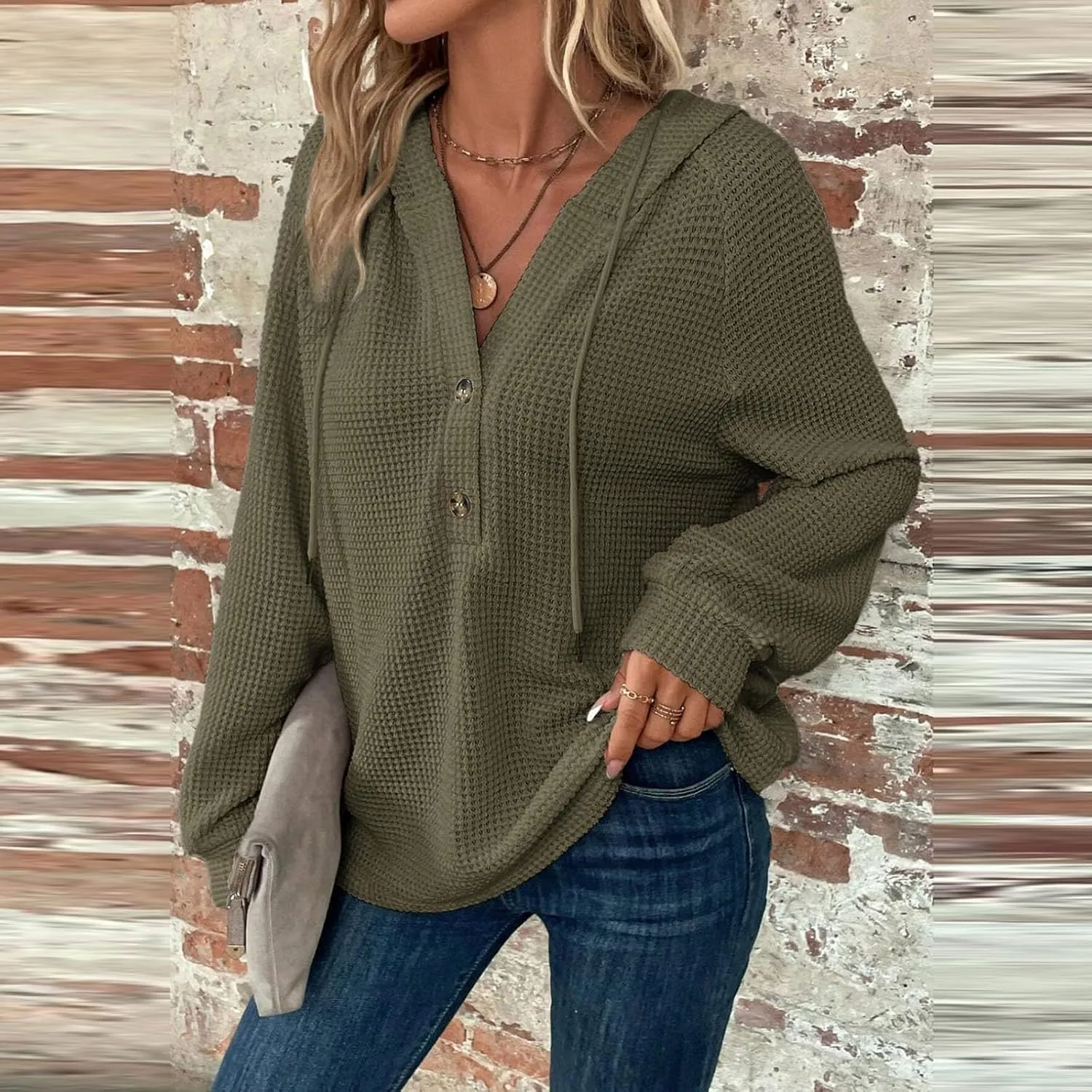 Gumipy Long Sleeve Shirts for Women Waffle V Neck Button Up Shirts Trendy Oversized Hoodies Tshirts Spring Casual Tunic Tops