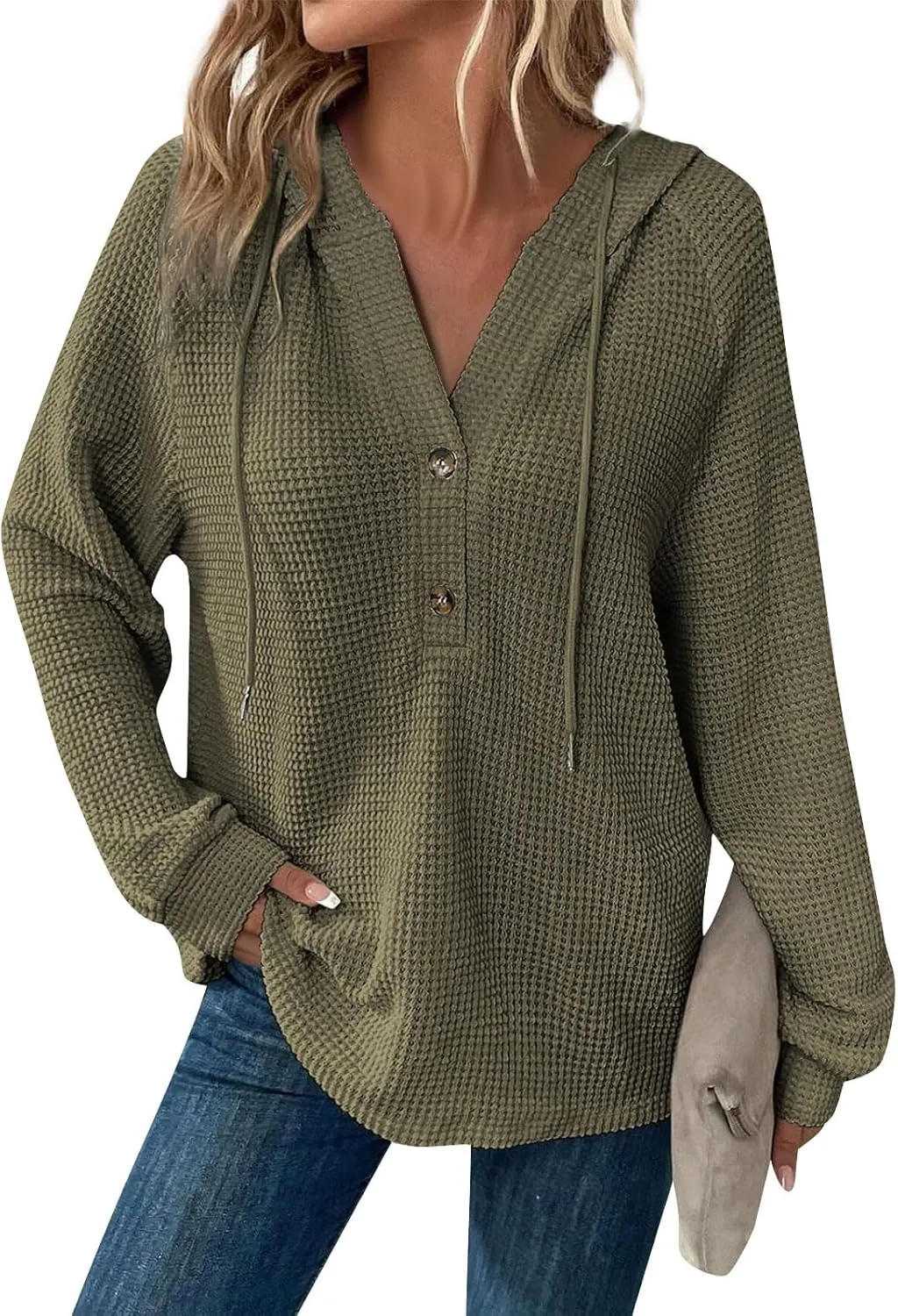 Gumipy Long Sleeve Shirts for Women Waffle V Neck Button Up Shirts Trendy Oversized Hoodies Tshirts Spring Casual Tunic Tops