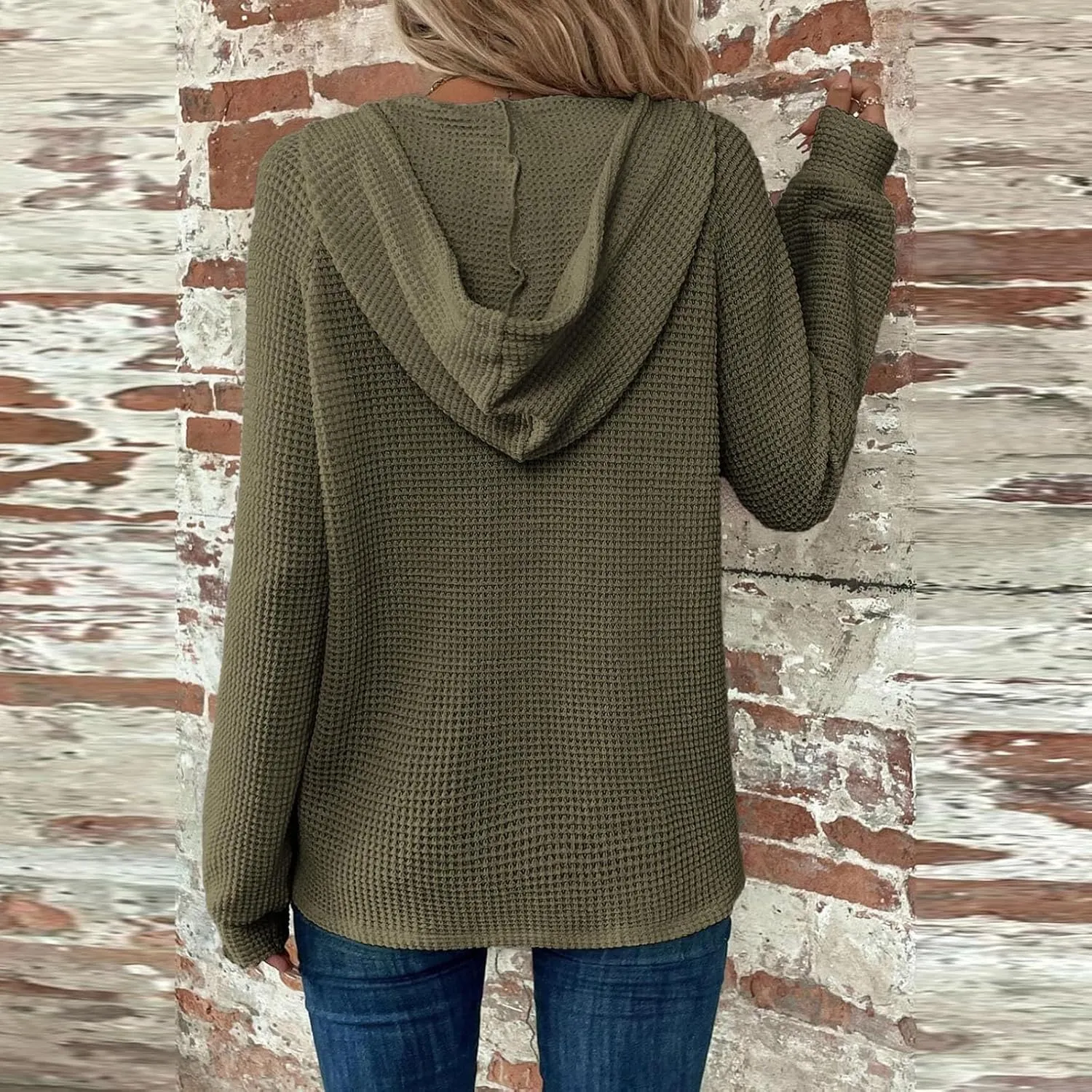 Gumipy Long Sleeve Shirts for Women Waffle V Neck Button Up Shirts Trendy Oversized Hoodies Tshirts Spring Casual Tunic Tops