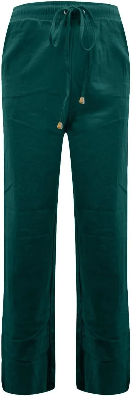 Gumipy Women Linen Dress Pants Drawstring High Waisted Casual Pants Straight Leg Trousers Pants Lounge Pants with Pockets