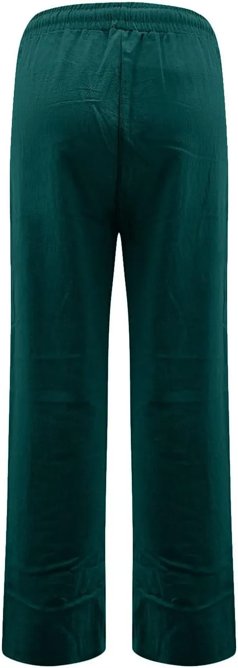 Gumipy Women Linen Dress Pants Drawstring High Waisted Casual Pants Straight Leg Trousers Pants Lounge Pants with Pockets