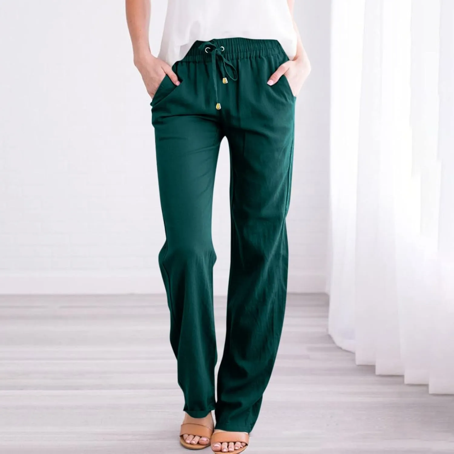 Gumipy Women Linen Dress Pants Drawstring High Waisted Casual Pants Straight Leg Trousers Pants Lounge Pants with Pockets