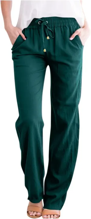 Gumipy Women Linen Dress Pants Drawstring High Waisted Casual Pants Straight Leg Trousers Pants Lounge Pants with Pockets